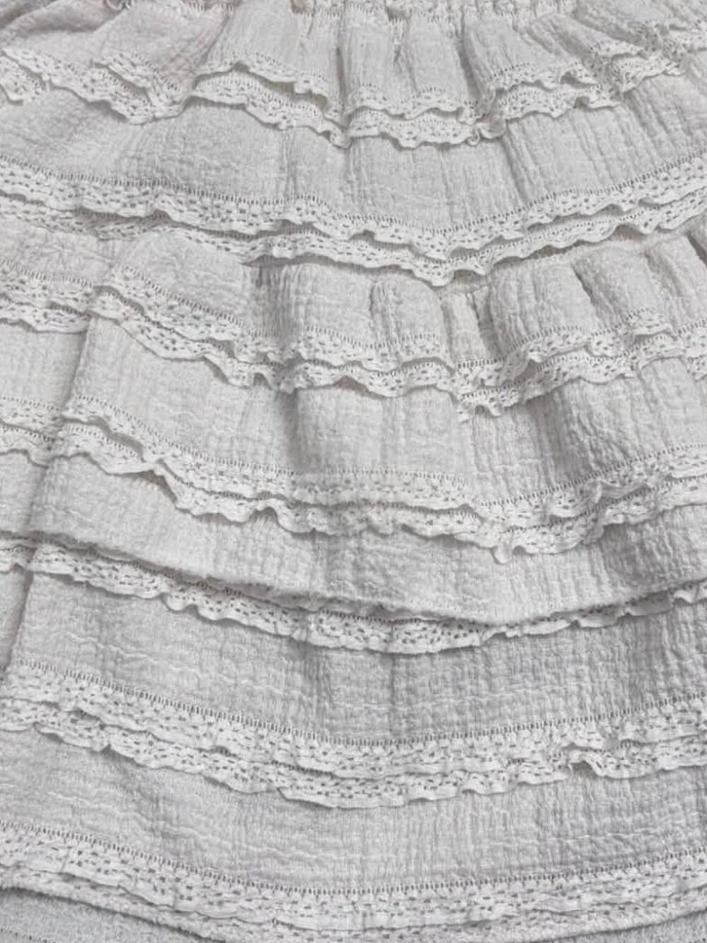 White Tiered Ruffle Lace Trim Elastic Waist Skirt - Picture 2 of 2